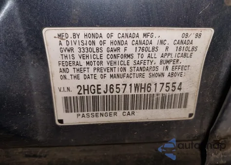 1998 Honda Civic Lx from USA, damaged, VIN 2HGEJ6571WH617554